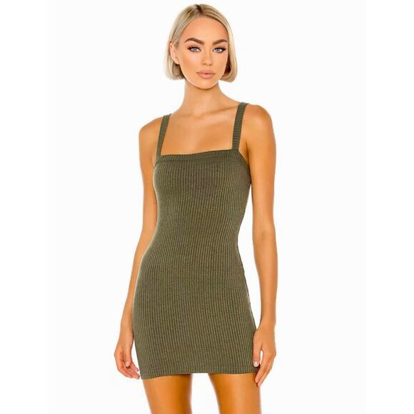 Lovers & Friends Army Green Square Neck Thin Strap Rib Knit Bodycon Mini Small - Picture 1 of 14